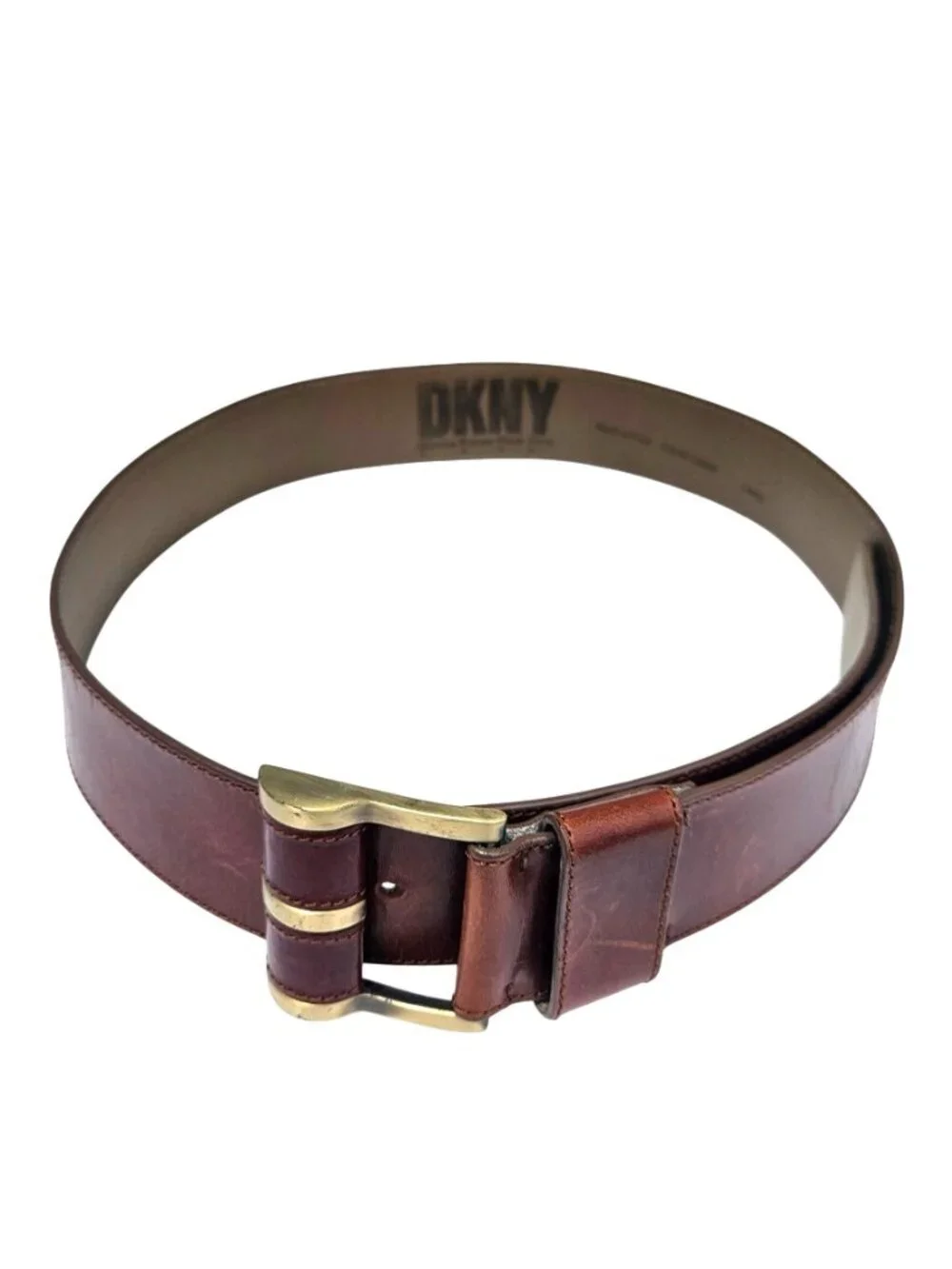 DKNY Donna Karan Wide Brown Leather Belt Brass Buckle Italy Sz L 31-36